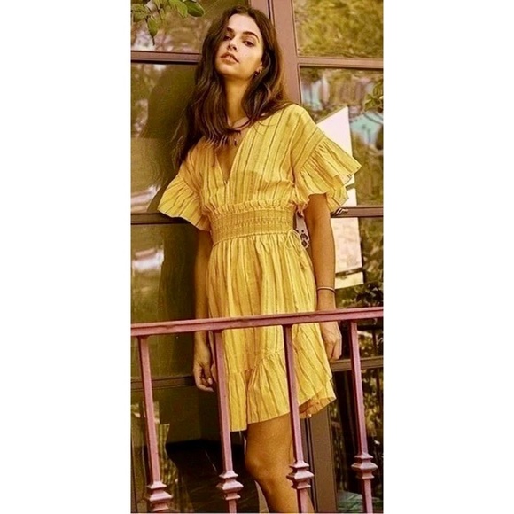 SAYLOR Yellow Metallic Striped Dress Fluttery Smocked Mini Gold Party Medium - Picture 1 of 13